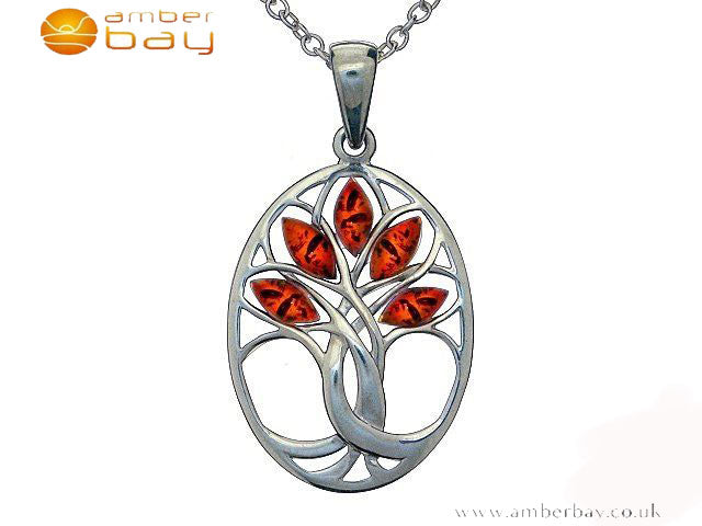 Silver Amber Oval Tree of Life Pendant and Chain