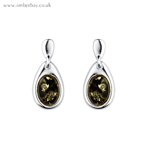 Silver and Green Amber Drop Earrings