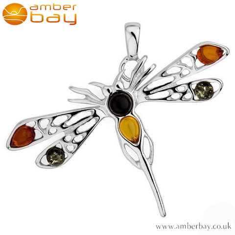 Sterling Silver Mixed Amber Dragonfly Pendant