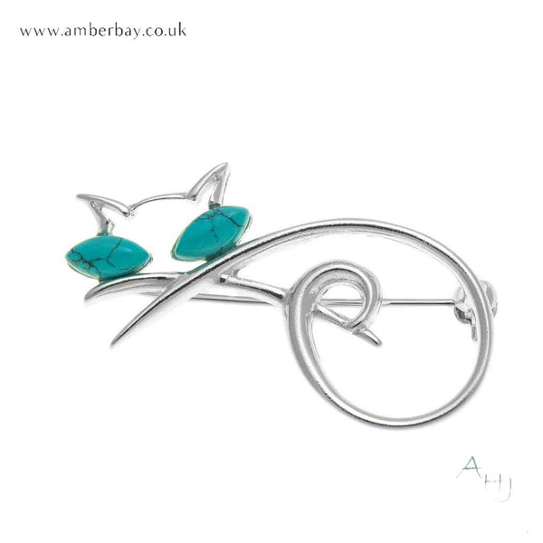 Silver and Turquoise Cat Brooch