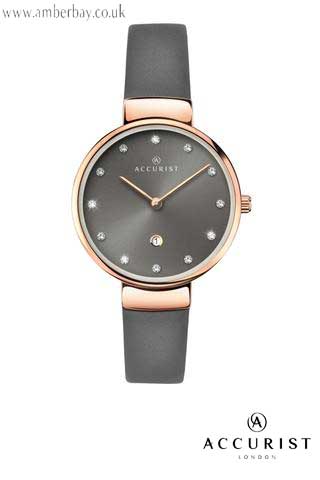 Accurist Ladies Grey Leather Strap Rose Gold Plated Watch 8149