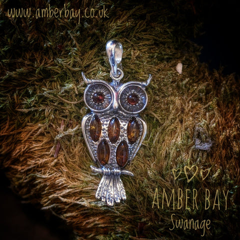 Sterling Silver and Cognac Baltic Amber Owl Pendant