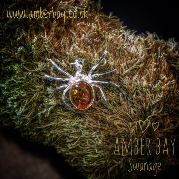Silver and Cognac Amber Spider Brooch