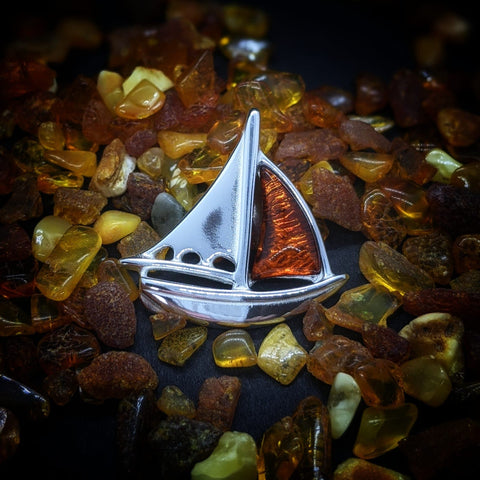 Sterling Silver and Cognac Baltic Amber Boat Pendant