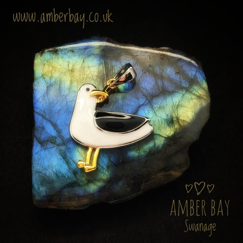 Sterling Silver, Gold Plate and Enamel Seagull Pendant