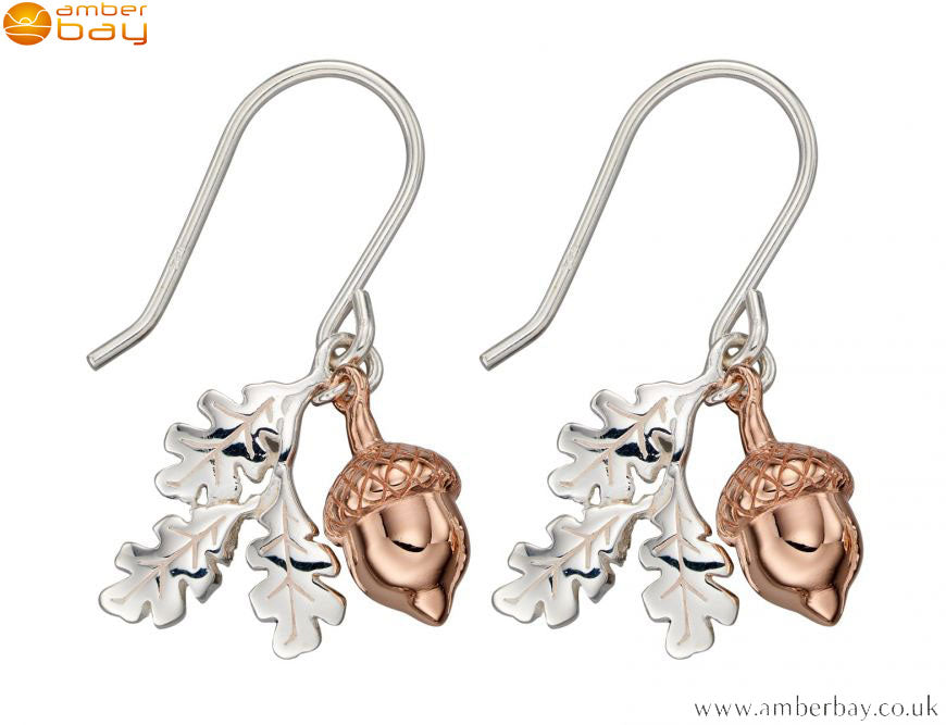 Sterling Silver and Rose Gold Plated Acorn Drop Earrings