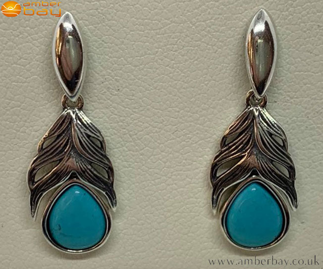 Sterling Silver and Turquoise Feather Drop Earrings